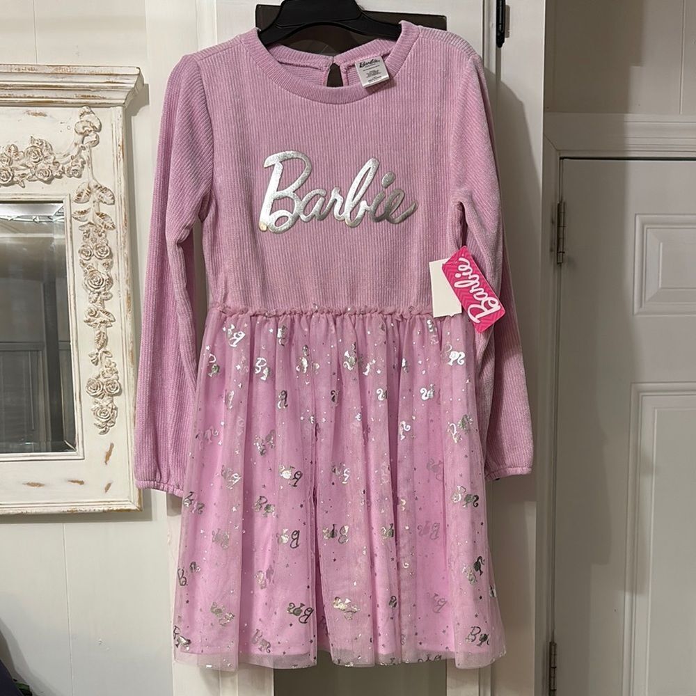 NWT Barbie Pink Long Sleeve Kids Dress Size L 10/12 Super Cute!
